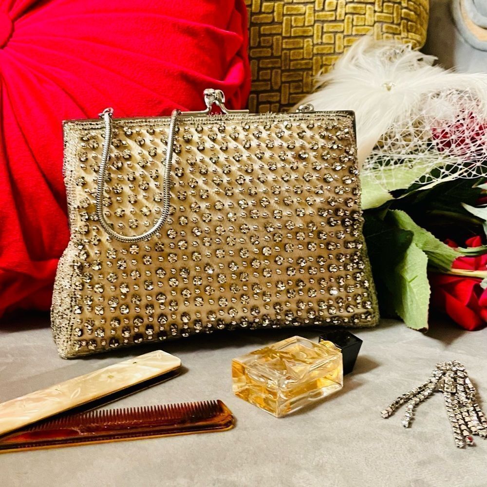 ♥️ Vintage Rhinestone Silk Purse, sparkling DELILL kiss lock purse 1950s-60s